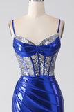 Robe de bal corset plissée à paillettes scintillantes sirène bleu royal avec fente