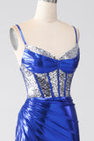 Robe de bal corset plissée à paillettes scintillantes sirène bleu royal avec fente