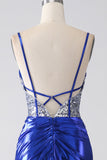 Robe de bal corset plissée à paillettes scintillantes sirène bleu royal avec fente
