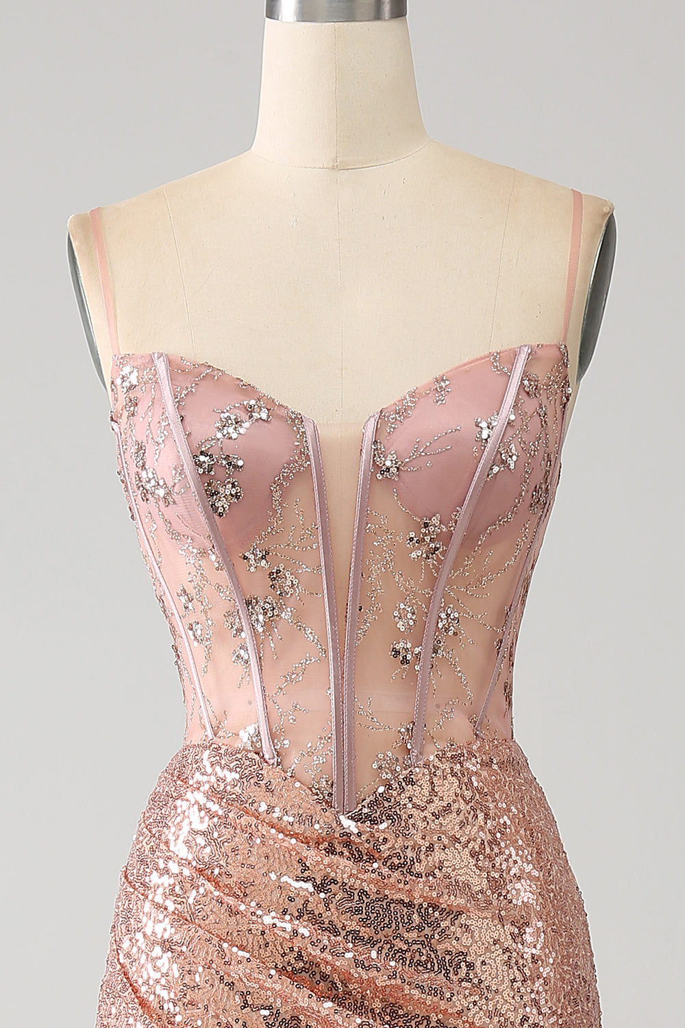 Robe de bal corset à paillettes froncées sirène or rose avec fente latérale