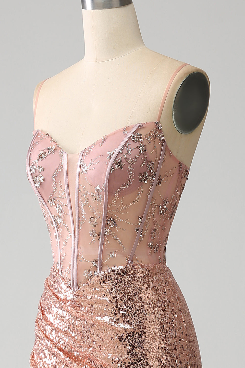 Robe de bal corset à paillettes froncées sirène or rose avec fente latérale