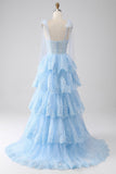 Bleu clair chérie noeud papillon bretelles à plusieurs niveaux Tulle Sequin robe de bal avec Appliques
