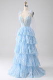 Bleu clair chérie noeud papillon bretelles à plusieurs niveaux Tulle Sequin robe de bal avec Appliques