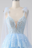 Bleu clair chérie noeud papillon bretelles à plusieurs niveaux Tulle Sequin robe de bal avec Appliques