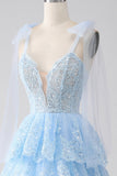 Bleu clair chérie noeud papillon bretelles à plusieurs niveaux Tulle Sequin robe de bal avec Appliques