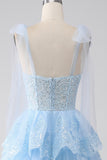 Bleu clair chérie noeud papillon bretelles à plusieurs niveaux Tulle Sequin robe de bal avec Appliques