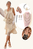 Robe Gatsby champagne des années 1920 avec ensemble d'accessoires des années 20