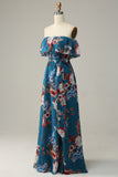 Bleu foncé Une ligne sur l’épaule Longueur du sol Imprimé Mousseline Robe de demoiselle d’honneur