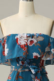 Bleu foncé Une ligne sur l’épaule Longueur du sol Imprimé Mousseline Robe de demoiselle d’honneur