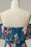 Bleu foncé Une ligne sur l’épaule Longueur du sol Imprimé Mousseline Robe de demoiselle d’honneur