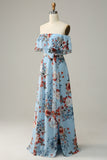 Bleu foncé Une ligne sur l’épaule Longueur du sol Imprimé Mousseline Robe de demoiselle d’honneur