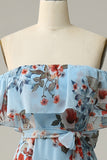 Bleu foncé Une ligne sur l’épaule Longueur du sol Imprimé Mousseline Robe de demoiselle d’honneur
