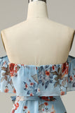 Bleu foncé Une ligne sur l’épaule Longueur du sol Imprimé Mousseline Robe de demoiselle d’honneur