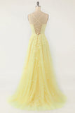 Robe de bal à bretelles spaghetti jaunes avec appliques