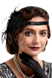 Bandeau perlé de plumes noires et dorées des années 20