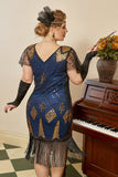 Blue Fringes Sequin Plus Taille Robe des années 20