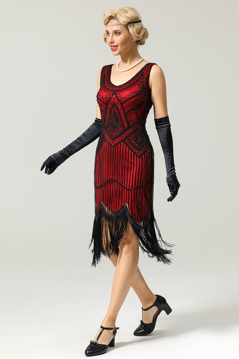 Rouge et noir Deep V Neck Flappers Robe des années 1920