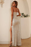 Robe de bal à paillettes d’argent avec fente