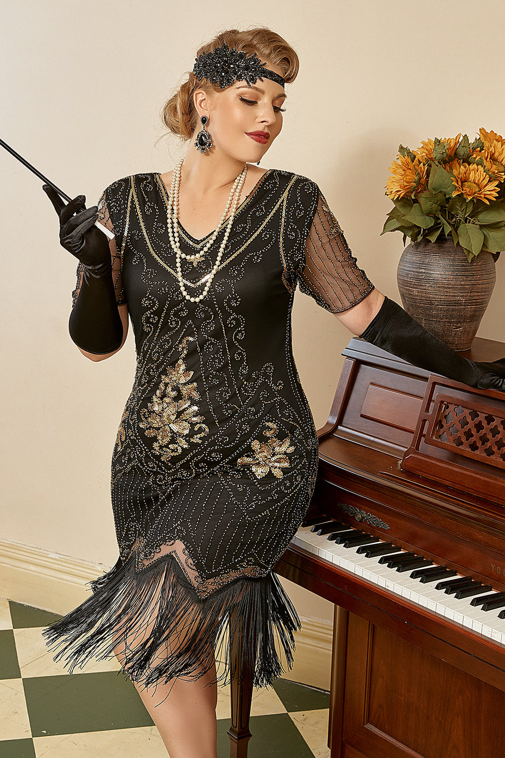 Noir Golden Sequins Gatsby Fringed Plus Taille 1920s Robe