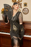 Noir Golden Sequins Gatsby Fringed Plus Taille 1920s Robe