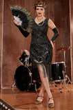 Noir col V Fringe Sequins Gatsby 1920s Flapper Robe Flapper