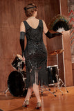 Noir col V Fringe Sequins Gatsby 1920s Flapper Robe Flapper