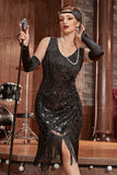 Noir col V Fringe Sequins Gatsby 1920s Flapper Robe Flapper
