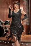 Noir col V Fringe Sequins Gatsby 1920s Flapper Robe Flapper