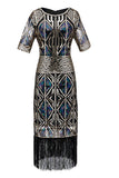 Blue Sequins Fringe Gatsbys Robe des années 1920 avec manches