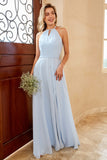 Robe de demoiselle d’honneur en mousseline longue bleu ciel avec fente