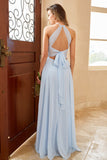 Robe de demoiselle d’honneur en mousseline longue bleu ciel avec fente
