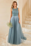 Robe de demoiselle d’honneur en tulle bleu gris avec dentelle
