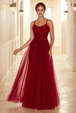 Robe de demoiselle d’honneur longue bordeaux avec dentelle