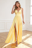 Robe de Soirée longue jaune classique à col en V et à encolure en V avec front fendu