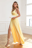Robe de Soirée longue jaune classique à col en V et à encolure en V avec front fendu