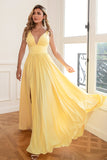 Robe de Soirée longue jaune classique à col en V et à encolure en V avec front fendu