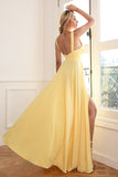 Robe de Soirée longue jaune classique à col en V et à encolure en V avec front fendu