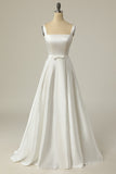 Simple Une ligne Col Carré Blanc Longue Robe de Mariée
