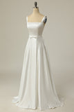Simple Une ligne Col Carré Blanc Longue Robe de Mariée
