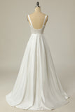 Simple Une ligne Col Carré Blanc Longue Robe de Mariée
