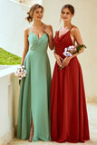 Robe de demoiselle d’honneur longue vert clair avec fente