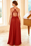 Bretelles Spaghetti Rouge Rouille Robe de demoiselle d’honneur longue