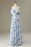 Une ligne sur l’épaule bleu imprimé floral longue robe de demoiselle d’honneur