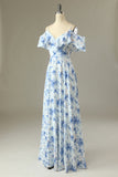 Une ligne sur l’épaule bleu imprimé floral longue robe de demoiselle d’honneur