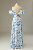 Une ligne sur l’épaule bleu imprimé floral longue robe de demoiselle d’honneur