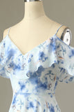 Une ligne sur l’épaule bleu imprimé floral longue robe de demoiselle d’honneur