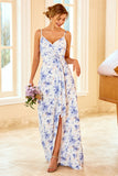 Robe de demoiselle d'honneur bleue à imprimé floral et bretelles spaghetti