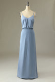 Spaghetti Straps Gris Bleu Longue Robe Demoiselle d’Honneur