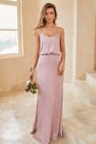 Spaghetti Straps Gris Rose Longue Robe de Demoiselle d’Honneur