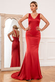 Mermaid V Neck Rust Rouge Longue Robe De Demoiselle d’Honneur